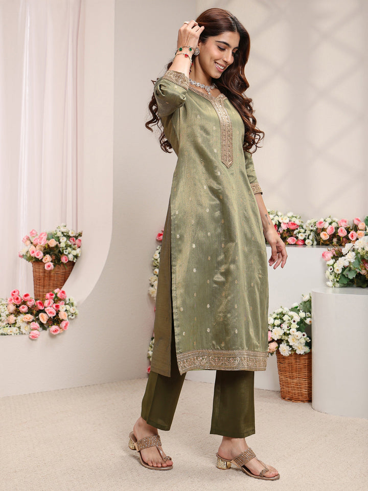 Green Woven Design Chanderi Silk Straight Suit Set With Dupatta