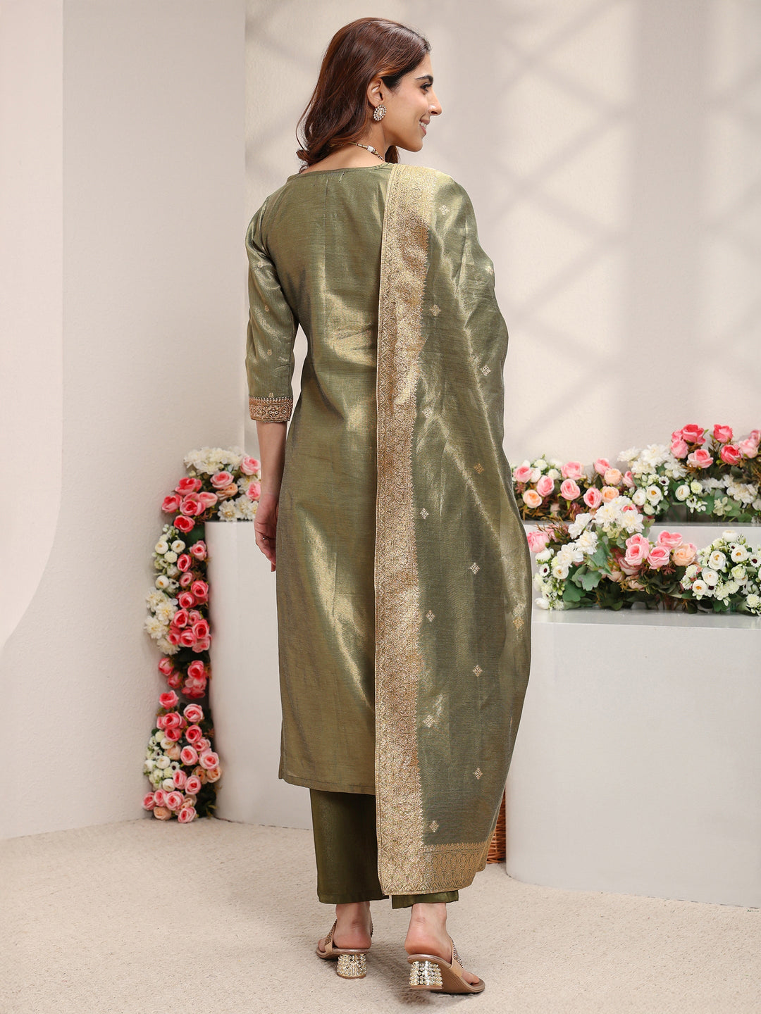 Green Woven Design Chanderi Silk Straight Suit Set With Dupatta