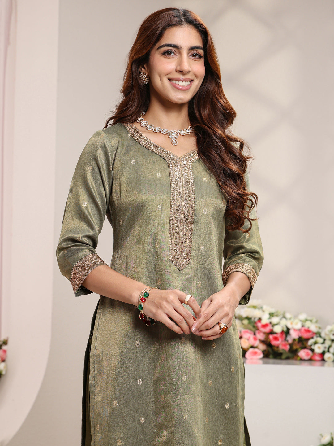 Green Woven Design Chanderi Silk Straight Suit Set With Dupatta