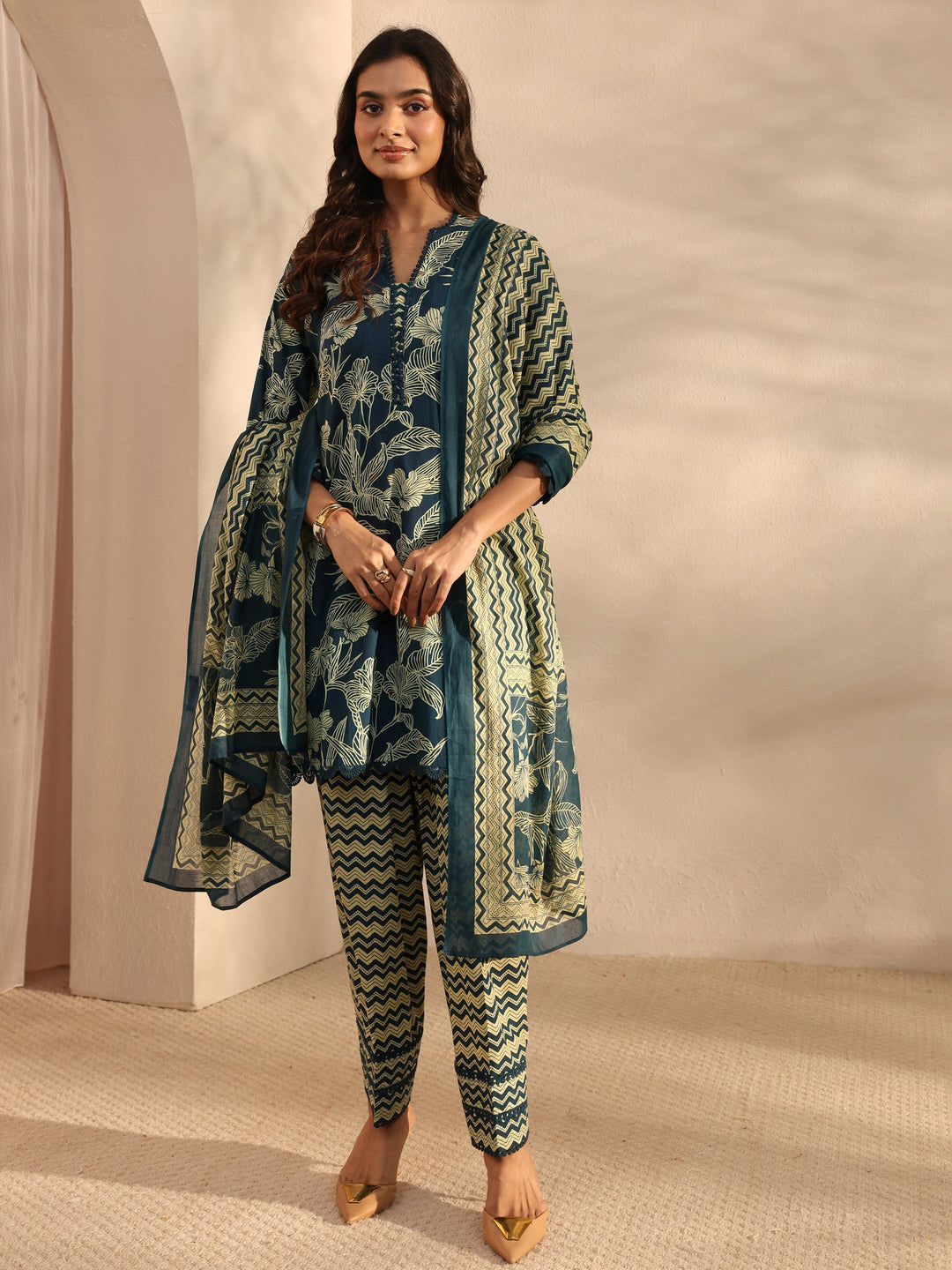 Blue Floral Printed Cotton A-Line Suit Set With Dupatta
