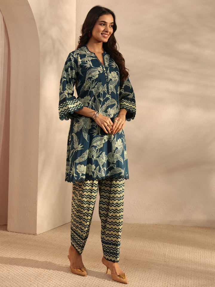 Blue Floral Printed Cotton A-Line Suit Set With Dupatta