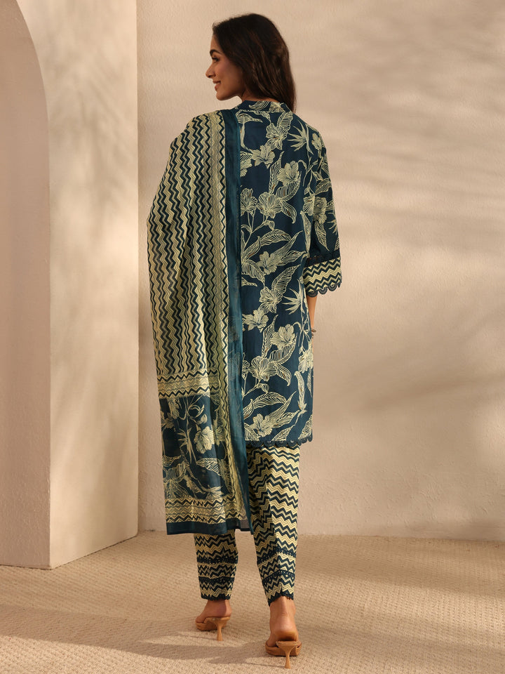 Blue Floral Printed Cotton A-Line Suit Set With Dupatta