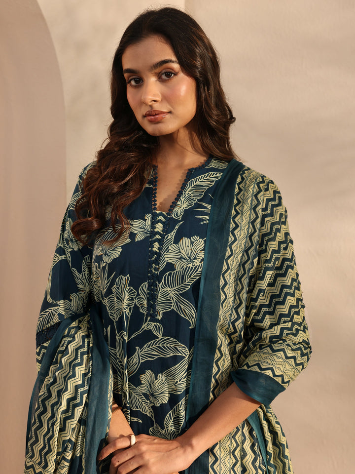 Blue Floral Printed Cotton A-Line Suit Set With Dupatta
