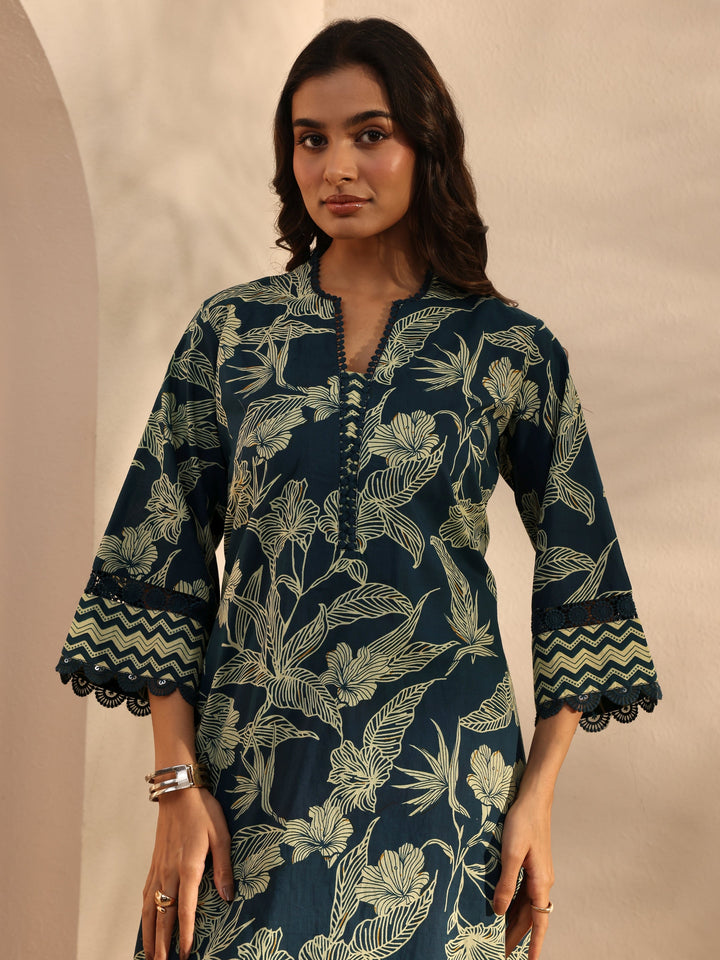 Blue Floral Printed Cotton A-Line Suit Set With Dupatta