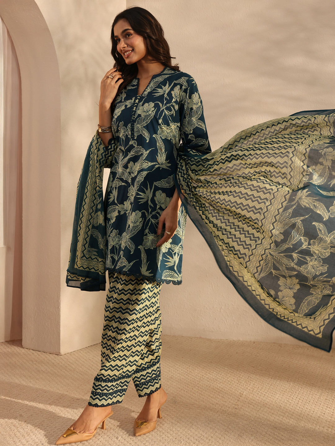Blue Floral Printed Cotton A-Line Suit Set With Dupatta