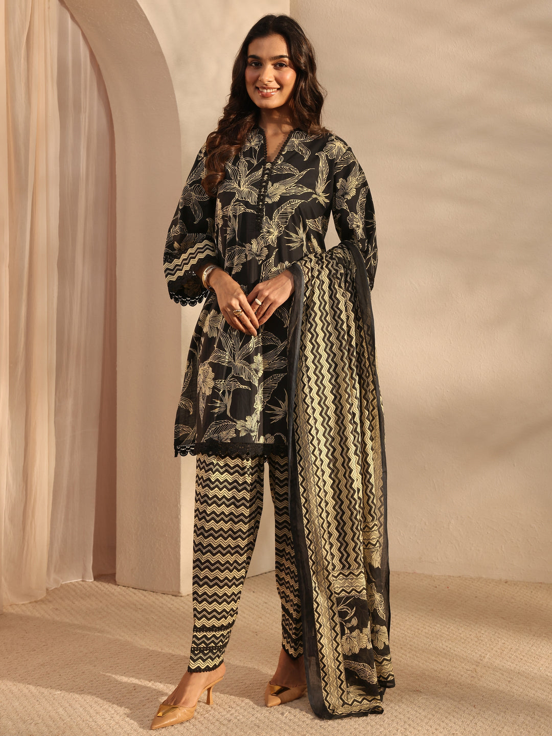 Black Floral Printed Cotton A-Line Suit Set With Dupatta