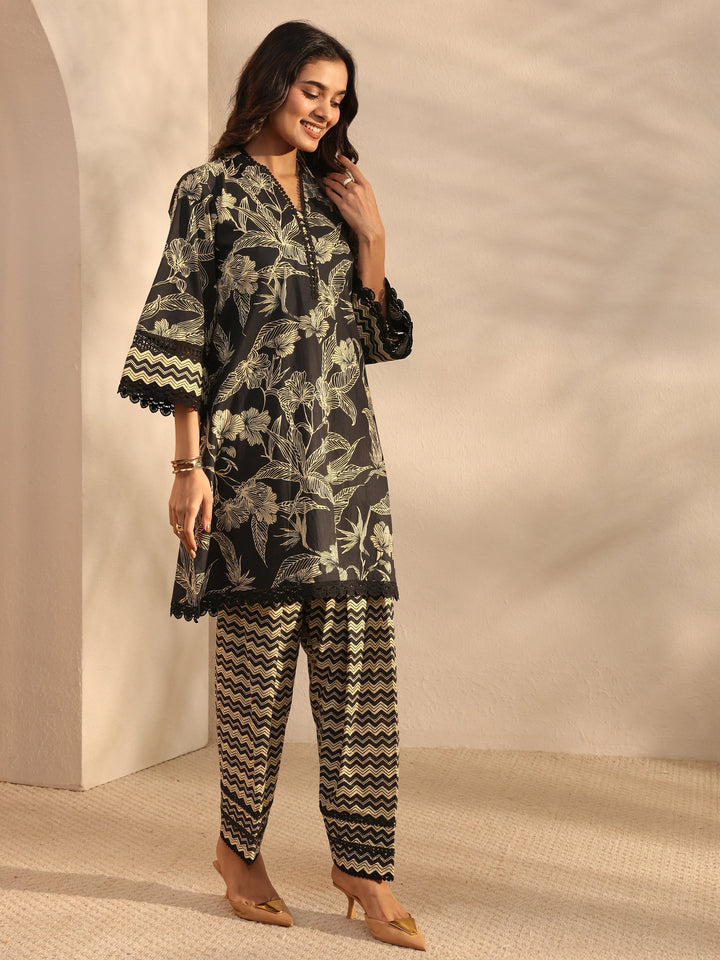 Black Floral Printed Cotton A-Line Suit Set With Dupatta