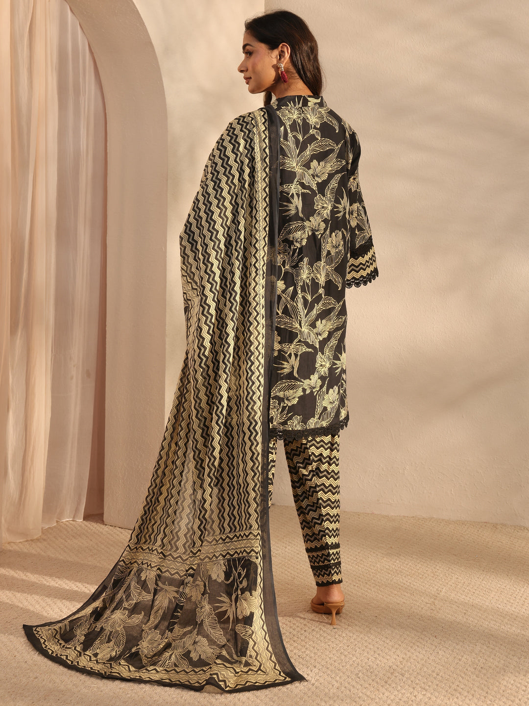 Black Floral Printed Cotton A-Line Suit Set With Dupatta