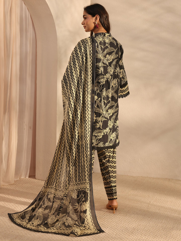 Black Floral Printed Cotton A-Line Suit Set With Dupatta
