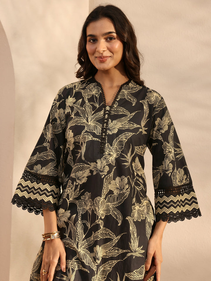 Black Floral Printed Cotton A-Line Suit Set With Dupatta