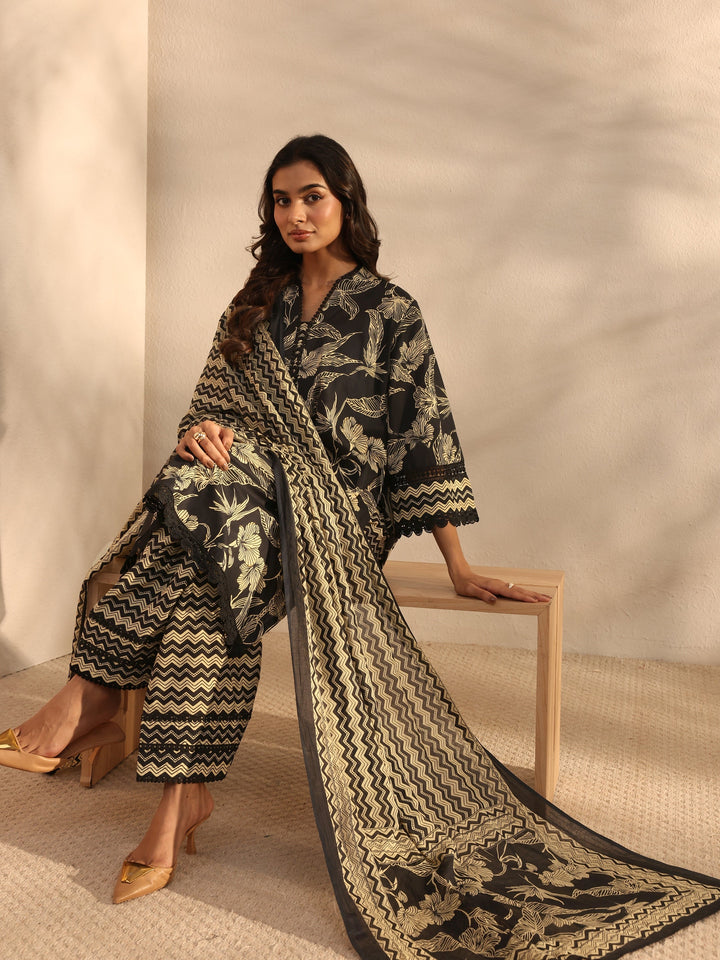 Black Floral Printed Cotton A-Line Suit Set With Dupatta