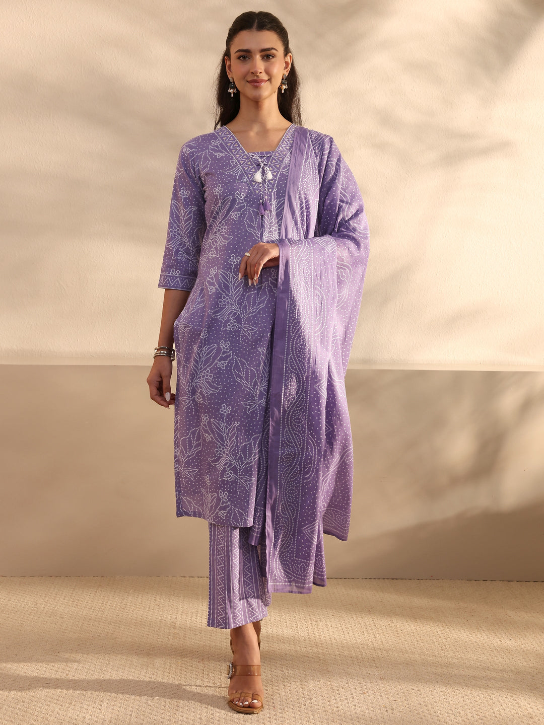 Lavender Bandhani Printed Cotton Straight Suit Set With Dupatta