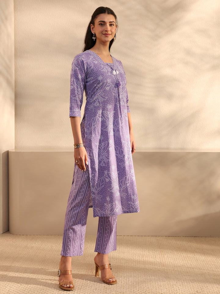 Lavender Bandhani Printed Cotton Straight Suit Set With Dupatta