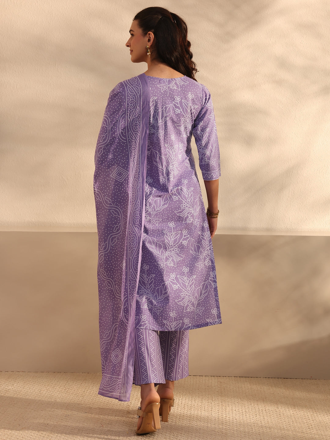 Lavender Bandhani Printed Cotton Straight Suit Set With Dupatta