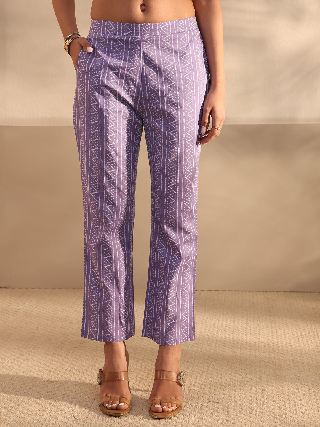 Lavender Bandhani Printed Cotton Straight Suit Set With Dupatta
