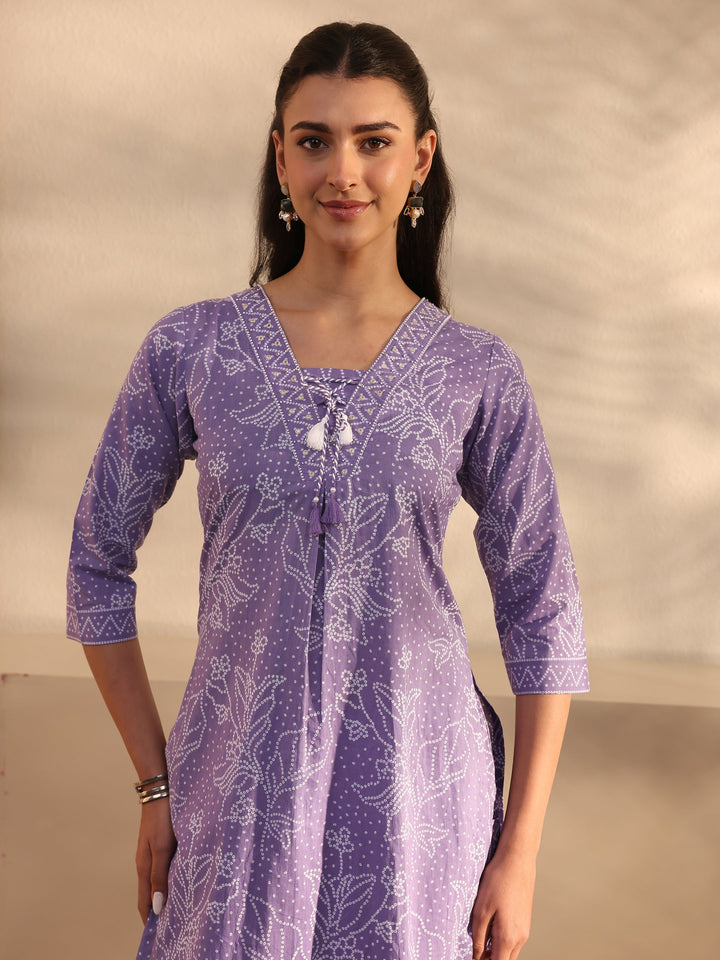 Lavender Bandhani Printed Cotton Straight Suit Set With Dupatta