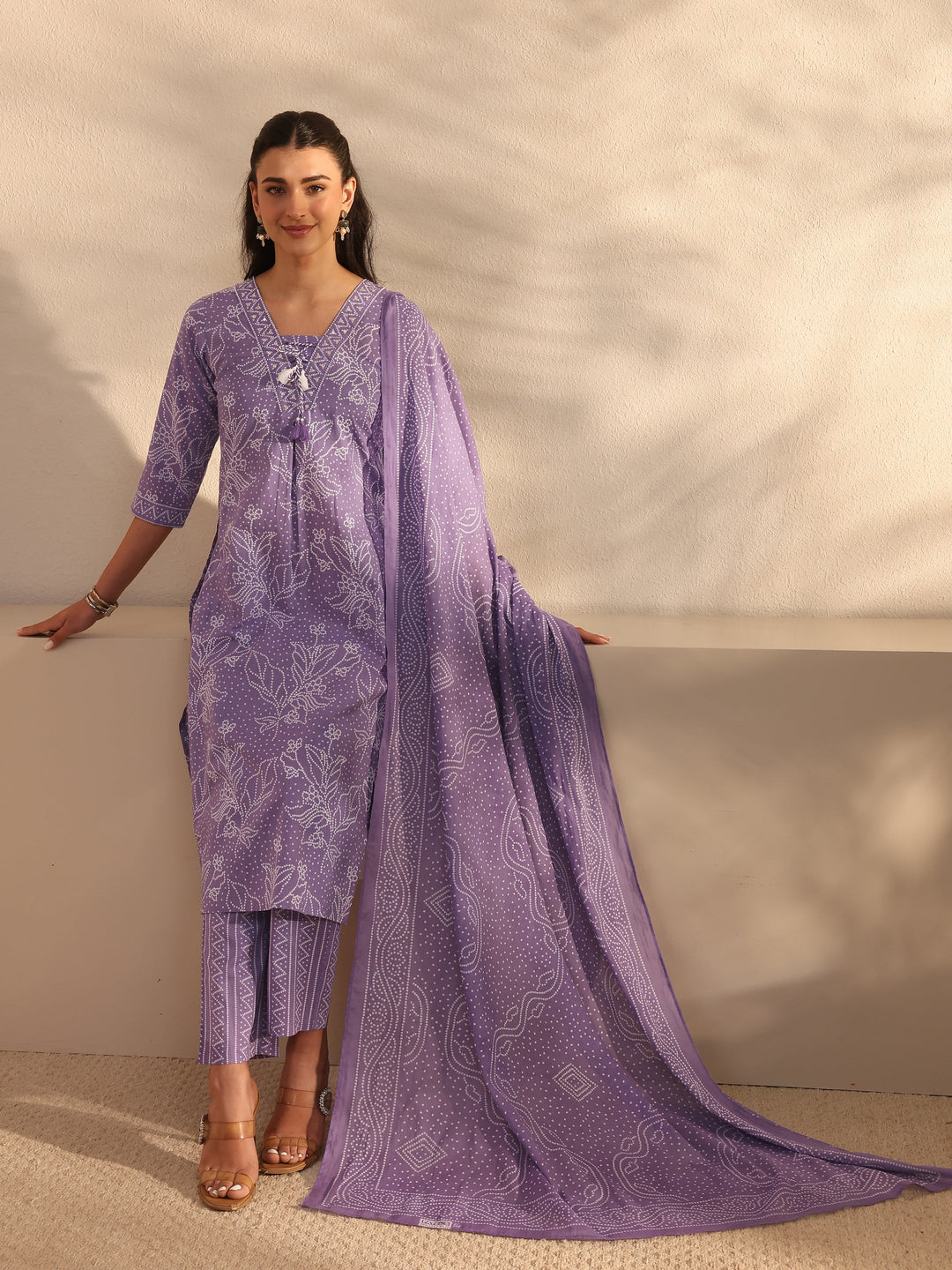 Lavender Bandhani Printed Cotton Straight Suit Set With Dupatta