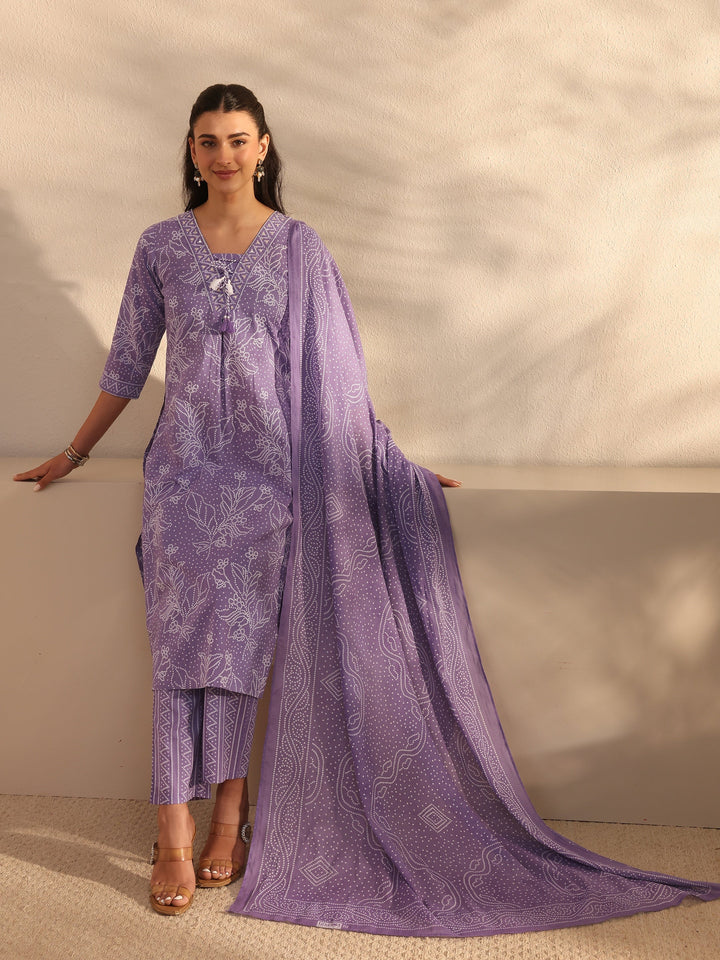 Lavender Bandhani Printed Cotton Straight Suit Set With Dupatta