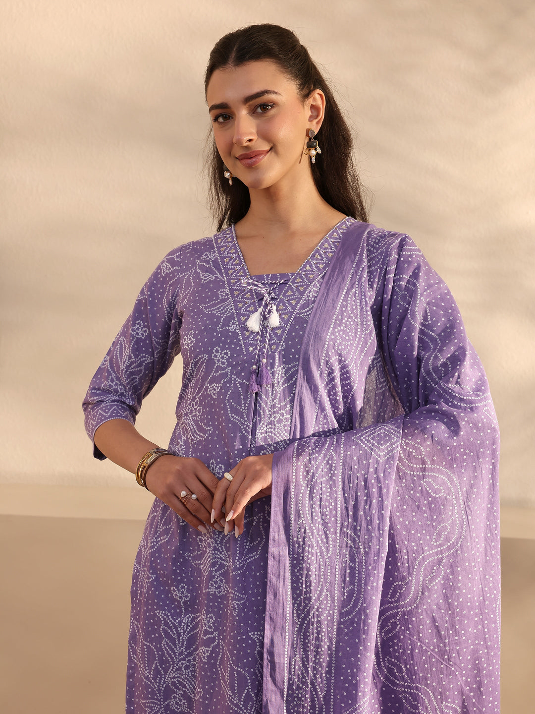 Lavender Bandhani Printed Cotton Straight Suit Set With Dupatta