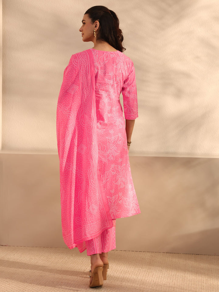 Pink Bandhani Printed Cotton Straight Suit Set With Dupatta