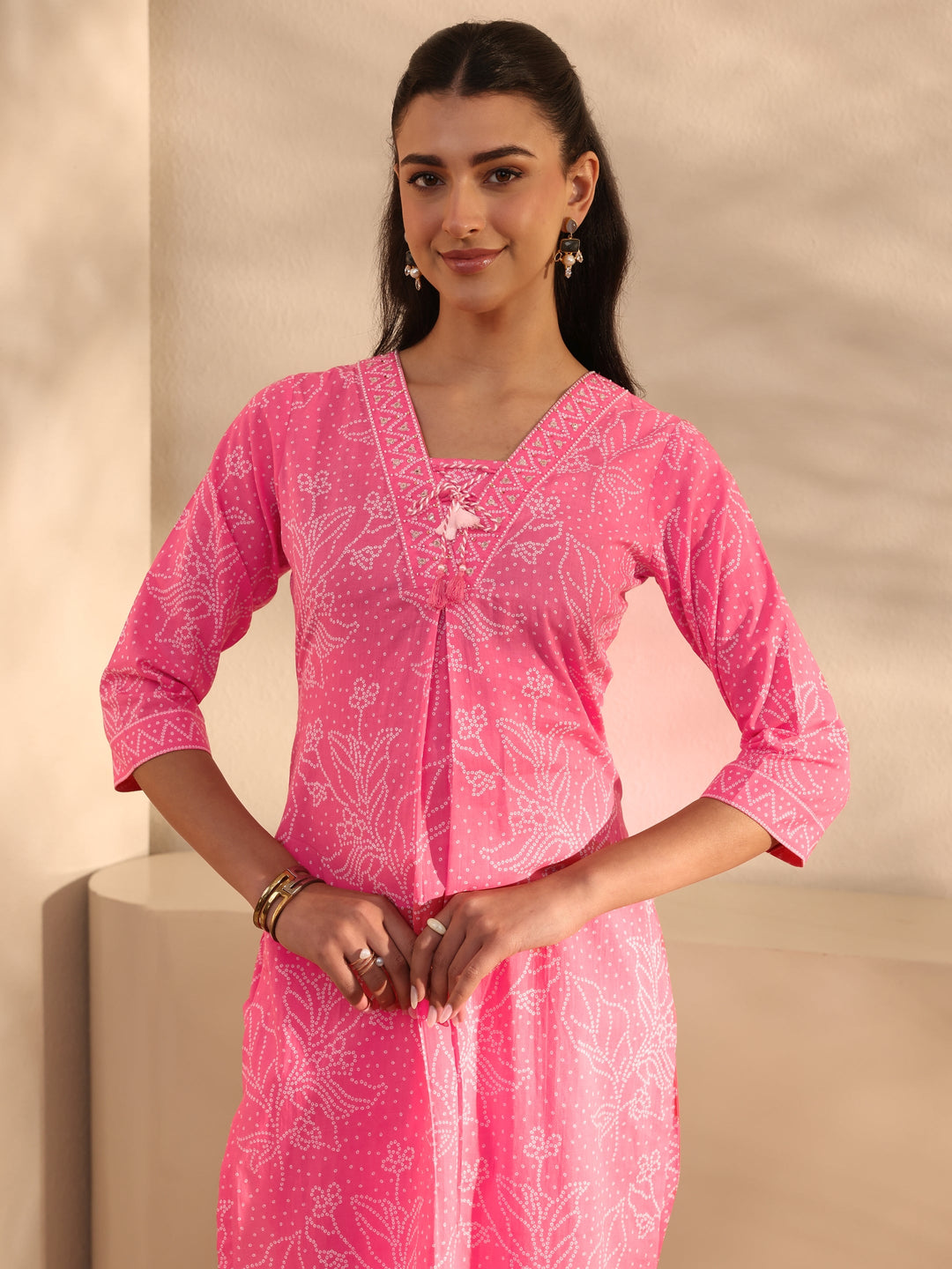 Pink Bandhani Printed Cotton Straight Suit Set With Dupatta