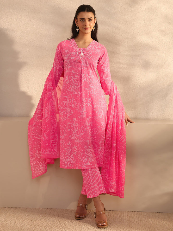Pink Bandhani Printed Cotton Straight Suit Set With Dupatta
