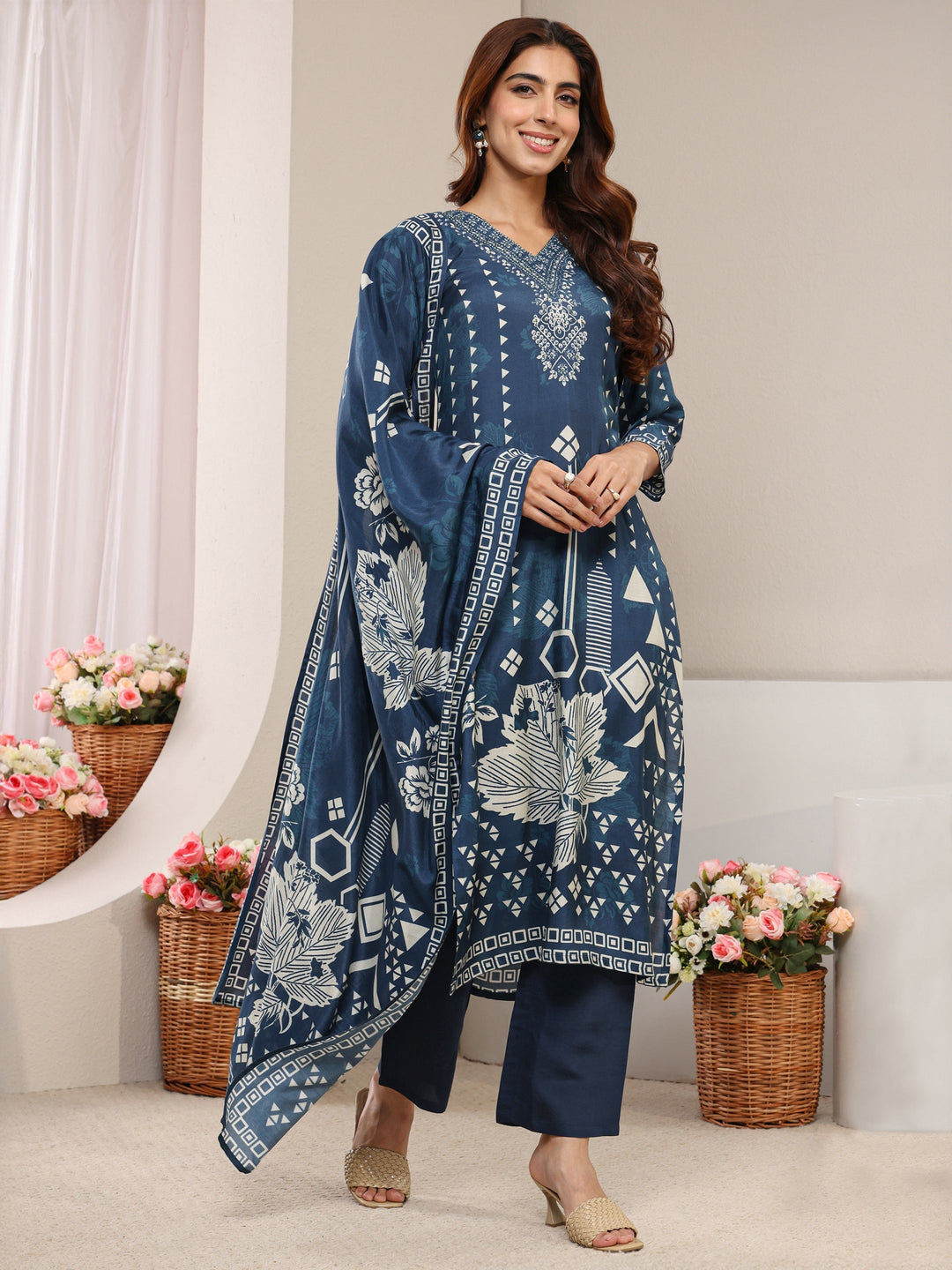 Blue Multi Printed Cotton Blend Straight Suit Set With Dupatta