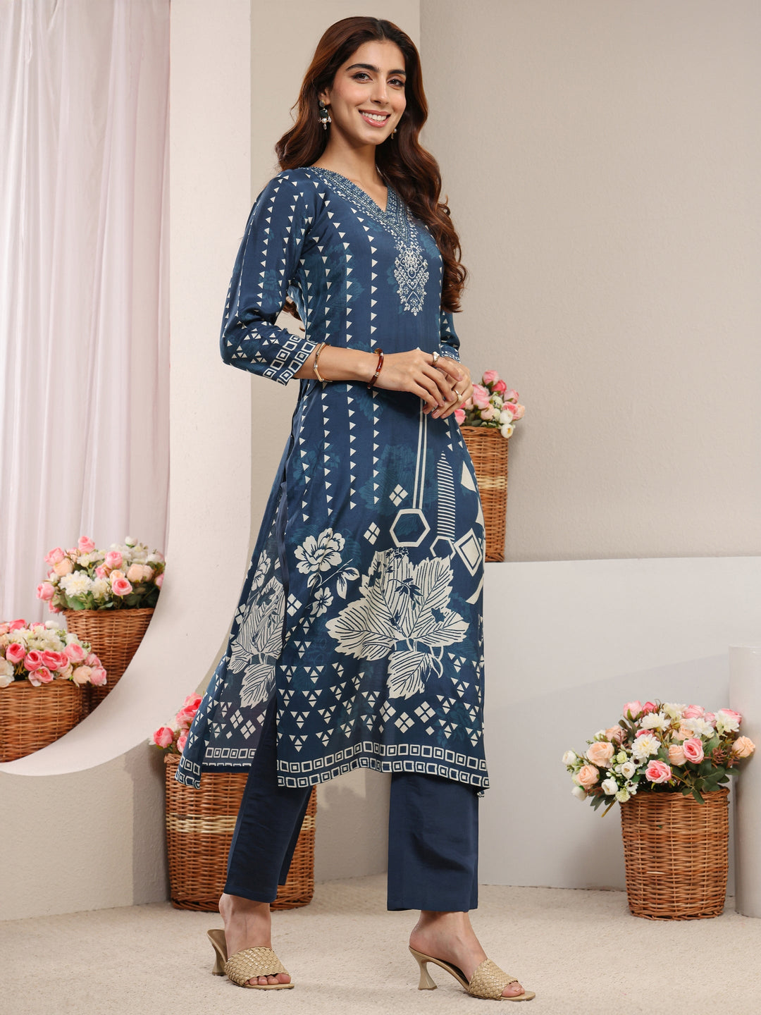 Blue Multi Printed Cotton Blend Straight Suit Set With Dupatta