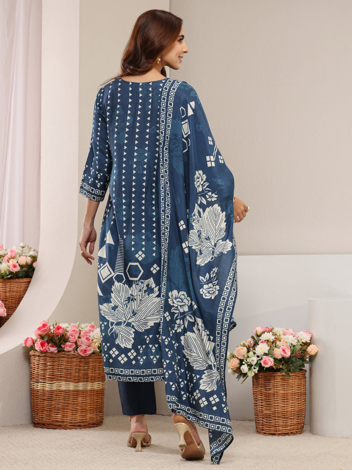 Blue Multi Printed Cotton Blend Straight Suit Set With Dupatta