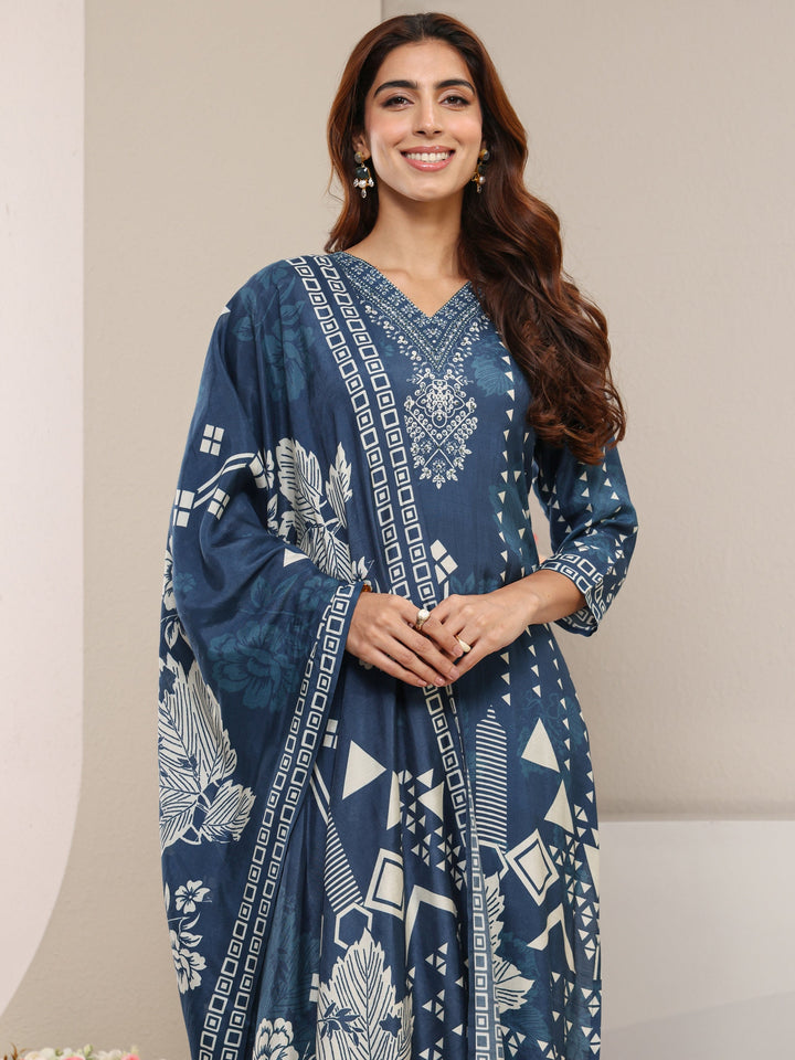 Blue Multi Printed Cotton Blend Straight Suit Set With Dupatta