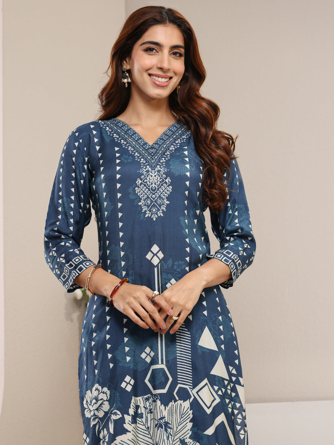 Blue Multi Printed Cotton Blend Straight Suit Set With Dupatta