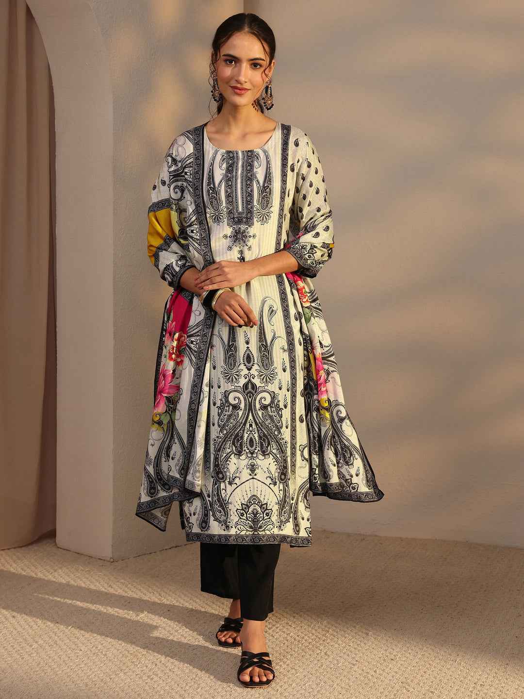 White Paisley Printed Cotton Blend Straight Suit Set With Dupatta