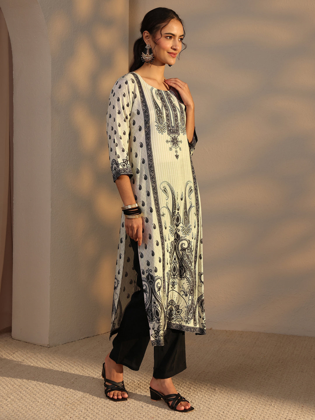 White Paisley Printed Cotton Blend Straight Suit Set With Dupatta