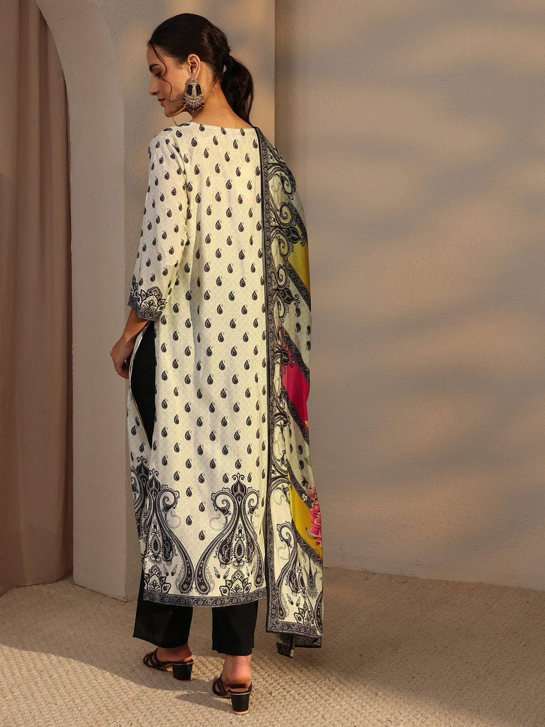 White Paisley Printed Cotton Blend Straight Suit Set With Dupatta