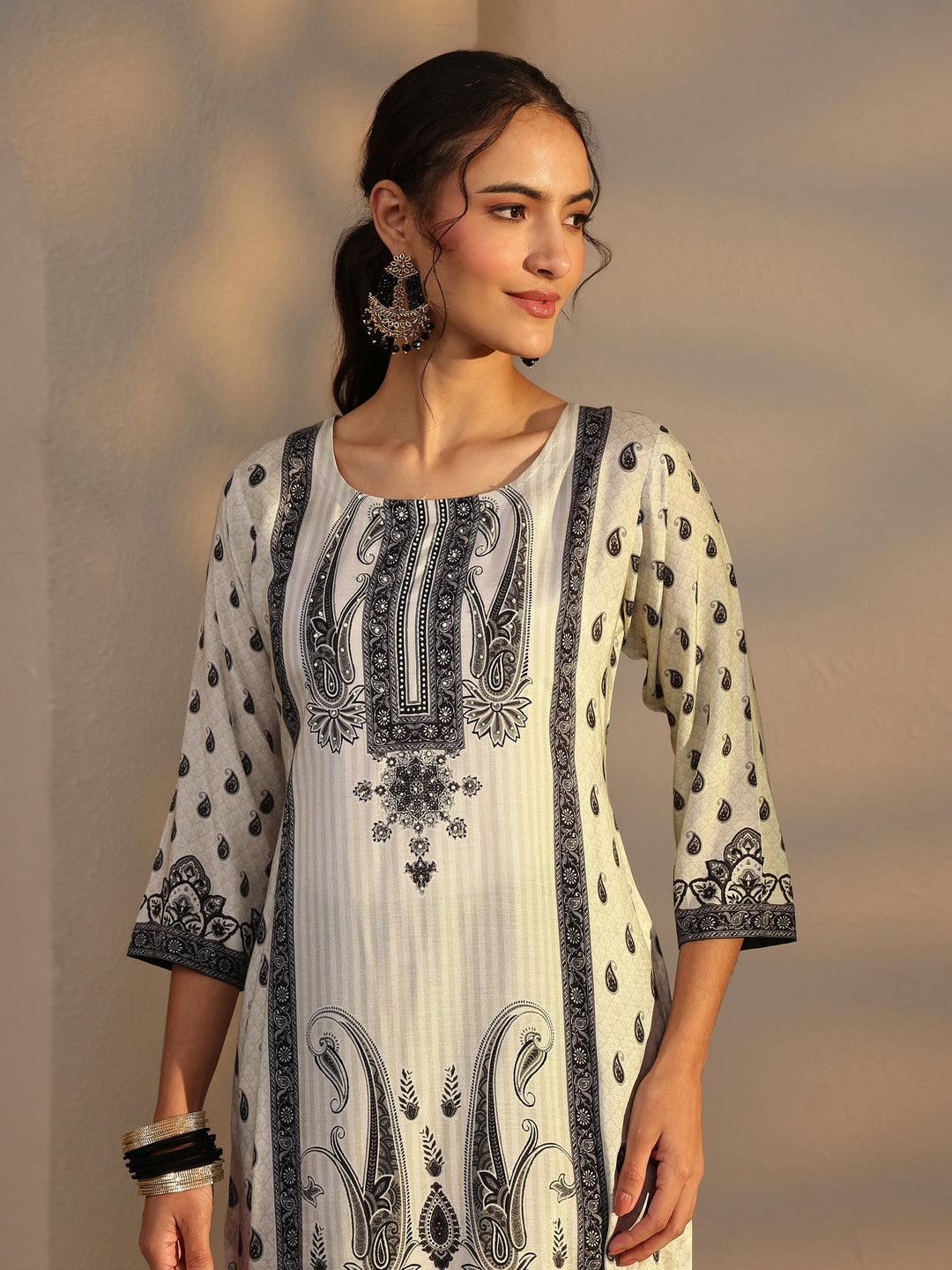 White Paisley Printed Cotton Blend Straight Suit Set With Dupatta