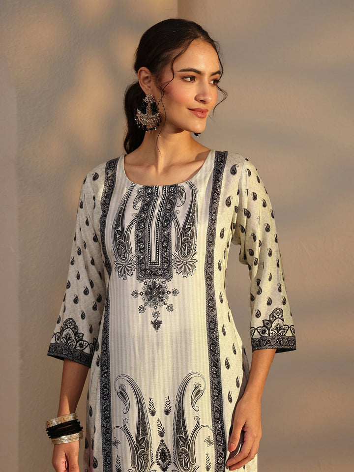 White Paisley Printed Cotton Blend Straight Suit Set With Dupatta