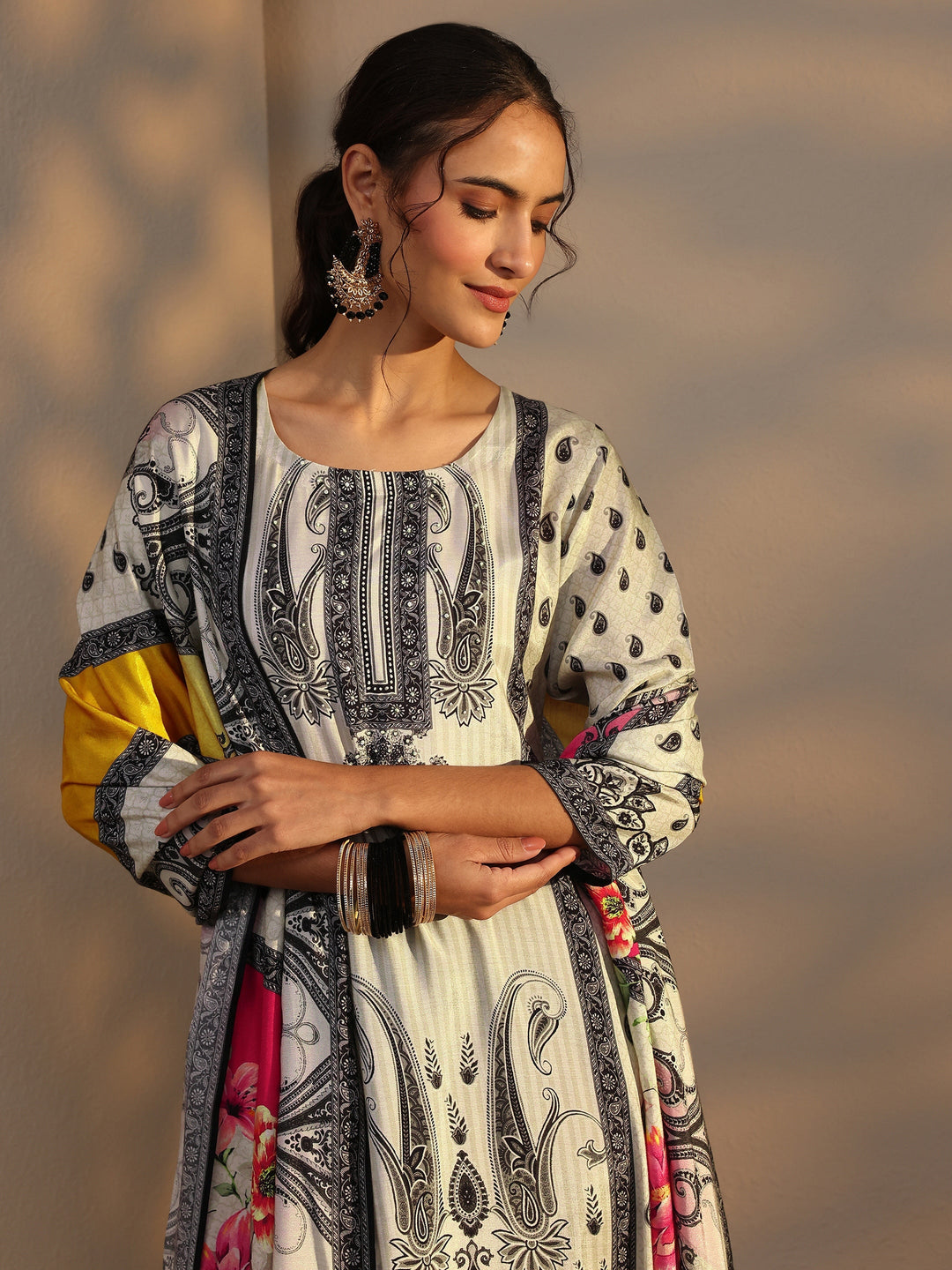 White Paisley Printed Cotton Blend Straight Suit Set With Dupatta
