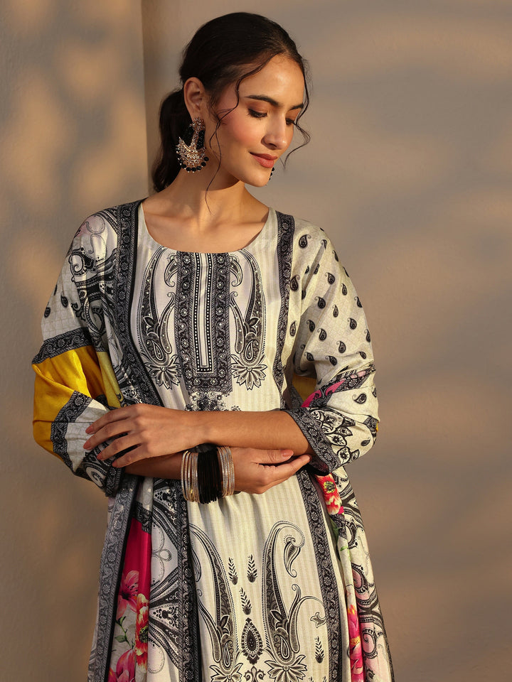 White Paisley Printed Cotton Blend Straight Suit Set With Dupatta