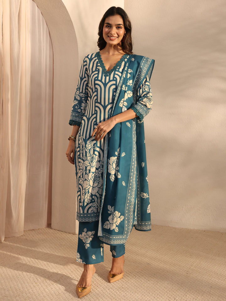 Blue Multi Printed Cotton Blend Straight Suit Set With Dupatta