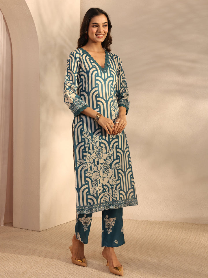 Blue Multi Printed Cotton Blend Straight Suit Set With Dupatta