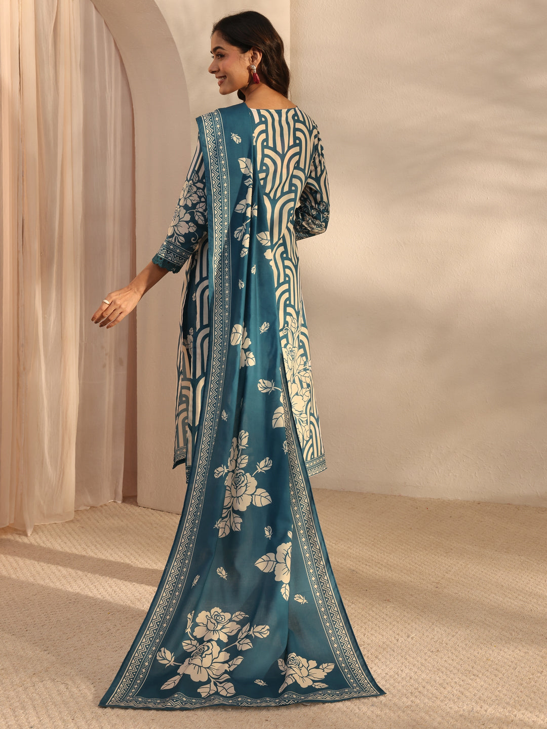 Blue Multi Printed Cotton Blend Straight Suit Set With Dupatta
