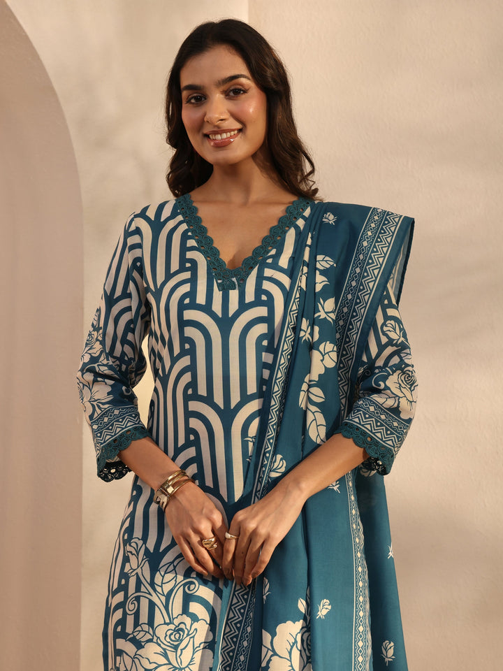 Blue Multi Printed Cotton Blend Straight Suit Set With Dupatta
