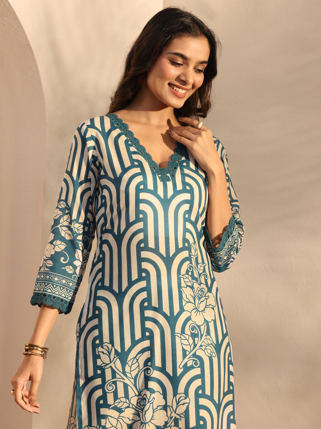 Blue Multi Printed Cotton Blend Straight Suit Set With Dupatta
