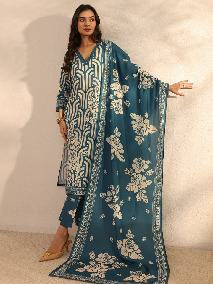 Blue Multi Printed Cotton Blend Straight Suit Set With Dupatta