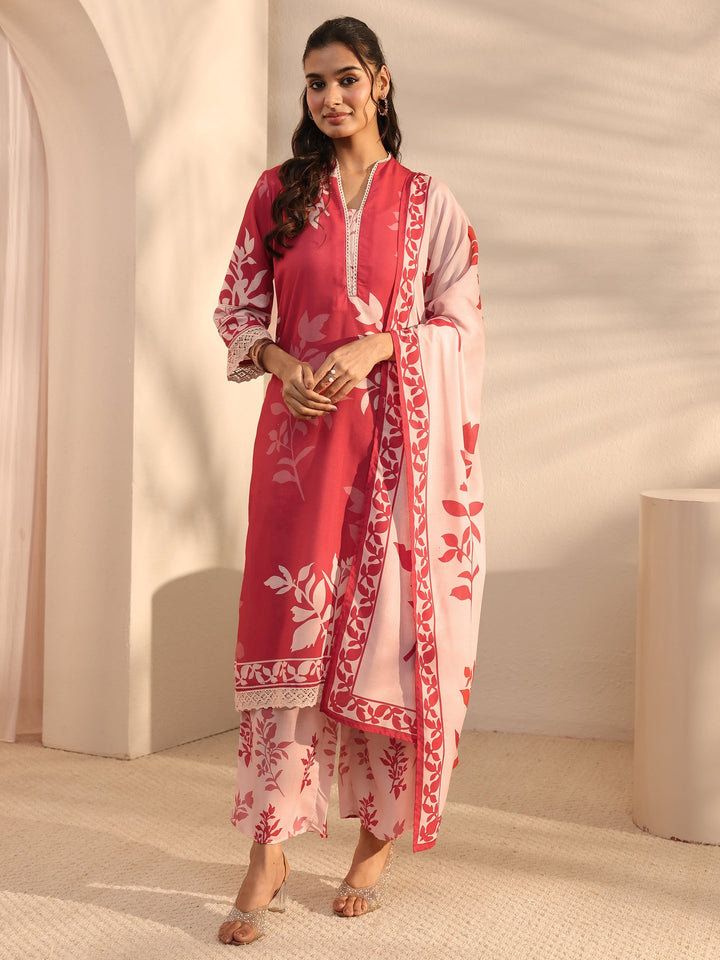 Red Floral Printed Cotton Blend Straight Suit Set With Dupatta