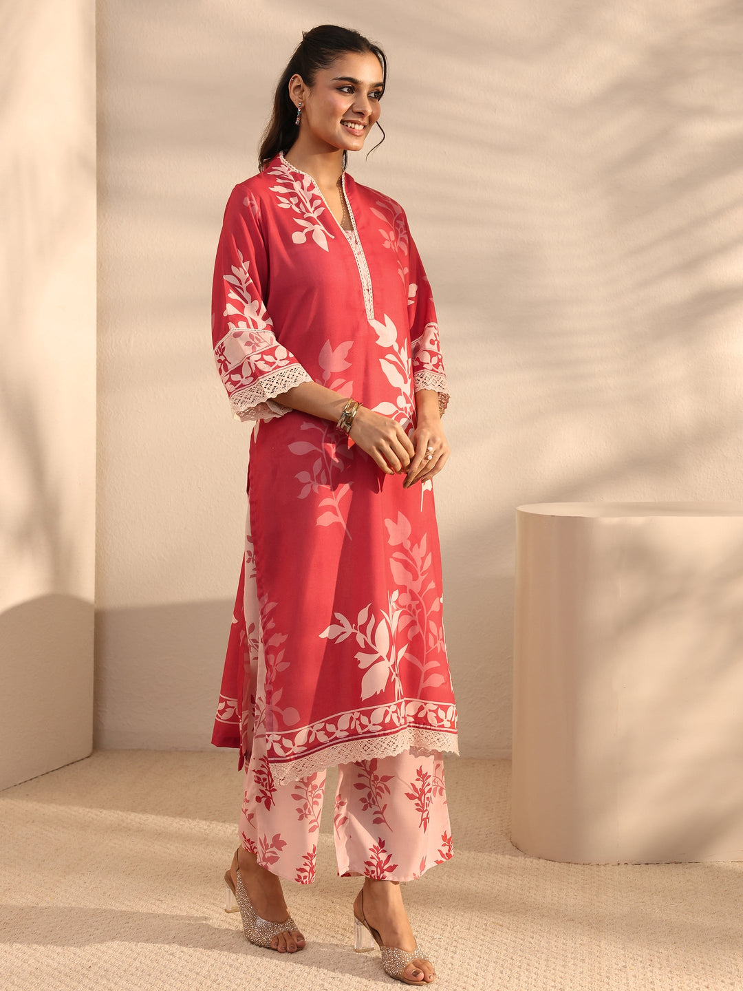 Red Floral Printed Cotton Blend Straight Suit Set With Dupatta