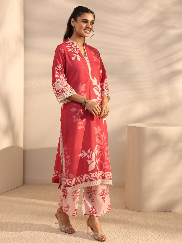 Red Floral Printed Cotton Blend Straight Suit Set With Dupatta