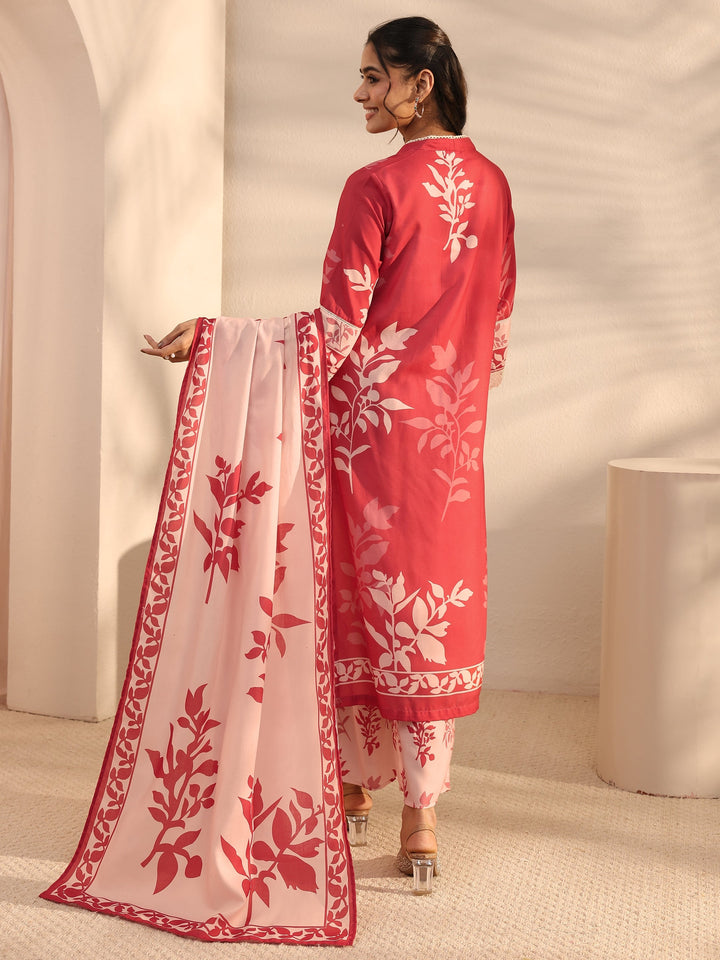 Red Floral Printed Cotton Blend Straight Suit Set With Dupatta