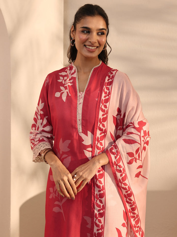 Red Floral Printed Cotton Blend Straight Suit Set With Dupatta