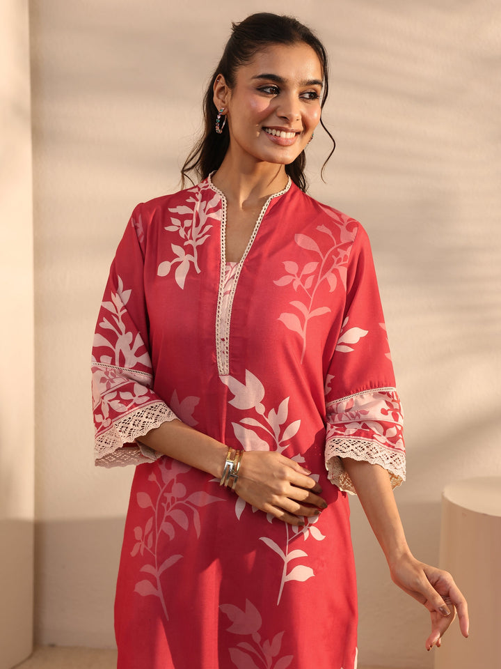 Red Floral Printed Cotton Blend Straight Suit Set With Dupatta